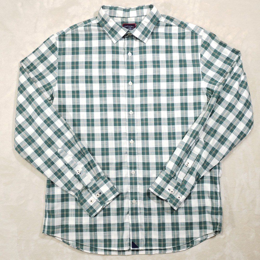 UNTUCKit Button Up Shirt Mens Large Green Plaid Slim Denner Wrinkle Free 40655